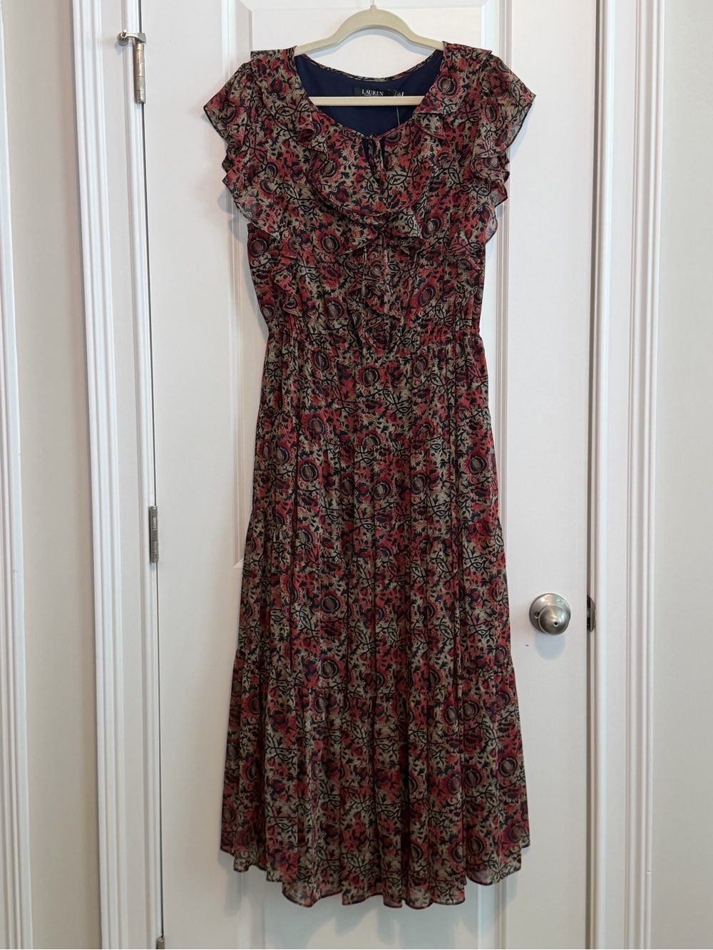 Lauren Ralph Lauren Burgundy and Olive Floral Ruffle Maxi Dress